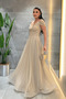 Glitter Fabric Boat Neck Evening Dress - Gold - 2