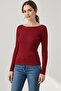 Women's Red Boat Neck Slim Fit Tight Fitting Long Sleeve Ribbed Blouse - 2