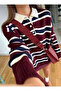 Women's Burgundy Striped Polo Collar Buttoned Long Sleeve Oversize Soft Textured Knitwear Sweater
