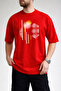 Men's Geometric Curved Line Printed Crew Neck Red T-Shirt - 3