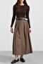 Belt Detailed Front Slit Pleated Modal Skirt Khaki 7069 - 4