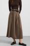 Belt Detailed Front Slit Pleated Modal Skirt Khaki 7069