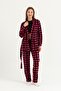 Women's Navy Blue Red Plaid Flat Leg Bow Elastic Fleece Bottoms