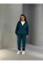 Women's 3 Threaded Hooded Zippered Petrol Sweatshirt-Sweatpants 2-Piece Set - 3