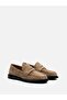 Mi Luz Vegan Leather Beige Suede Moccasin Loafer Shoes with Gathered Detail on the Front - 4