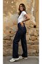 Dark Blue Navy Blue Wide Leg Cropped Leg Lycra-Free Palazzo Jeans Palazzo Trousers - 7