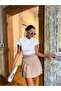 Women's Shorts Lined Belted Pleated Skirt-Beige