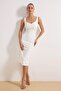 Beyaz Kalp Yaka Bodycone/Vücudu Saran Midi Elbise TPRSS26EL00045 - 6