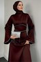 Satin hijab evening dress with pearl stone detailed flounce sleeves and waist - 2
