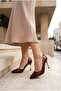 Bordo Rugan Stiletto 9 Cm Altın Ökçe Sivri Burun Vegan Kadın Topuklu Ayakkabı Günlük Özel Gün - 5