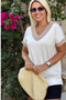 Women's White V-Neck Collar Glitter Detailed Cold Yarn Summer Thin Mercerized Buluz