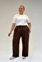 59002 Large Size Pleated Detail Combed Cotton Trousers - Brown - 4