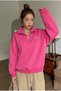 Women's Oversize Zippered Stand Collar Slogan Printed 3-thread Fleece Lined Tunic Sweatshirt - 3