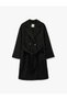 Double-Breasted Long Sleeve Cashmere Coat with Belt Detail and Buttons - 3