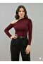 Women's Burgundy One Shoulder Buckle Detailed Long Sleeve Sendy Fabric Blouse - 4