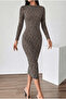 Black Viscose Floral Patterned Round Collar Knitted Pencil Dress Length 110 cm - 4