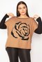 Women's Large Size Camel Front Flock Pattern and Stone Detailed Two Color Tunic 65n29336