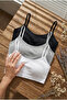 3-Pack F Corded Fabric Crop Tank Top Set with String Straps - Gray Melange Black White Stretchy Ribbed Bustier - 4