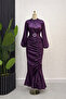 Satin Hijab Evening Dress with Belt Accessories and Gathered Detail