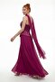 Women's Burgundy Strapless Collar Stoned Peplum Detail Long Evening Dress - 6