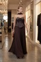 Women's Brown Strapless Collar Stone Detailed Peplum Long Evening Dress - 5