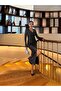 Women's Black Silver Sequined Slit Gathered Long Dress - 3
