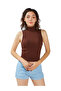 Women Sleeveless Rib Knit Turtle Neck Top in Brown