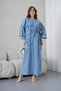 Women's Wide-Fit Long Denim Dress with Beaded Embroidery Detail at the Front and Side Tie.