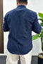 Men's Cotton Linen Look Comfortable Fit Shirt Navy Blue Edw444 - 3