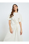 Women Cream Embellished Bell Sleeve A-Line Midi Dress - 2