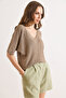 Women's Mink V-Neck Mercerized Bat Draped Knitwear Blouse Blz-19003210 - 2
