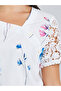 Women's Floral Printed Irregular Neck with Button Short Sleeve with Lace Detail Top - 3