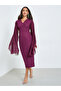 Women Burgundy Cape Sleeve Sheath Midi Dress - 2