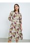 Women Floral Print A-Line Midi Dress with 3/4 Sleeves - 2