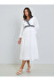 Women White Embroidery Lace A-Line Midi Dress - 3