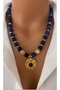 Natural Stone Navy Blue 8 mm & 10 mm Lapis Lazuli Stone with Special Zircon Stone End Women's Plate Design Necklace in Gift Box - 4