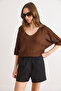 Women's Bitter Coffee V-Neck Mercerized Bat Draped Knitwear Blouse Blz-19003210 - 4