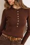 Women's Brown Crew Neck Button Detailed Stretchy Knitwear Blouse Blz-19003207 - 5