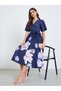 Women Navy Blue Floral Pleated Wrap Midi Dress