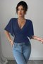 Women's Navy Blue Double-Breasted Collar Bat Sleeve Lycra Stylish T-Shirt - 3