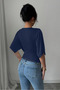 Women's Navy Blue Double-Breasted Collar Bat Sleeve Lycra Stylish T-Shirt - 5
