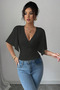 Women's Black Double-Breasted Collar Bat Sleeve Lycra Stylish T-Shirt - 4