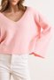 Women's Pink V-Neck Spanish Sleeve Soft Textured Crop Knitwear Sweater Kzk-19001159 - 5