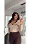 Beige Boat Neck Zippered Stretchy Blouse - 6