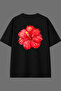 Red Floral Design Back Printed Black Oversize T-Shirt