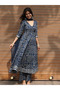 Women's Navy Blue Viscose Flower Print Anarkali Set - VRN1030