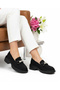 Women's Black Suede Stone Buckle Loafer Shoes