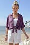 Light Purple Shirt Collar Short Sleeve Unfastened Washable Front Knot Tie Casual Woven Blouse 62 67