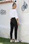 Black Belt Buckle Elastic Waist Casual Gabardine Woven Trousers 100 55 - 6