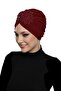 Ready Turban Hijab Evening Dress with Split Lining Embroidered Burgundy Rose Lace Motif - 6